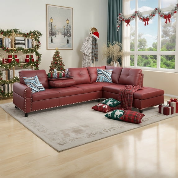 Hommoo 4-Seat Faux Leather Sectional Sofa Sets, L Shaped Flippable Backrest Sectional Couches and Sofas, Modern Living Room Furniture Sets, 15' Back Height, Red(No Ottoman)