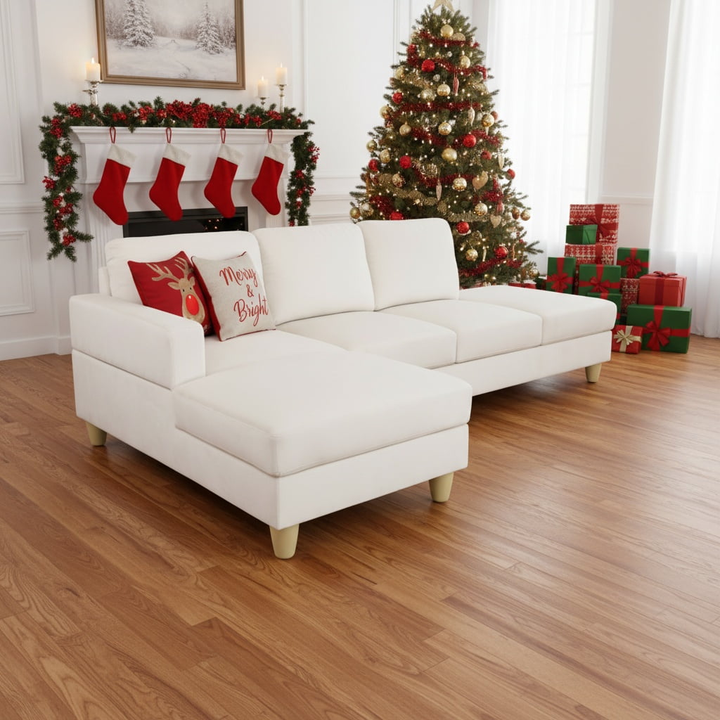 Hommoo 4-Seat L-Shaped Sectional Couch Sofa, Lint Living Room Furniture Set for Small Space-Apartment/Upstairs Loft/Living Room, 16.5'' Back Height, White(No Ottomans)