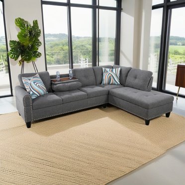 Hommoo 4 Seat Living Room Furniture Sets, Linen Sectional Sofa, Modern