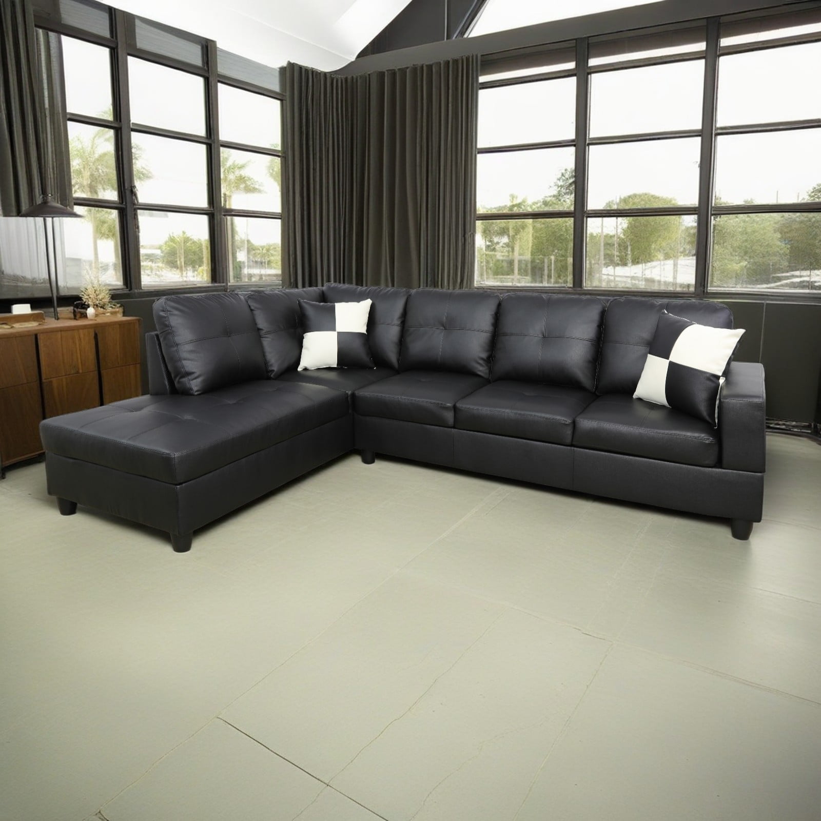 Hommoo 4 Seat Living Room Furniture Sets, Faux Leather Sectional Sofa, Modern L-Shaped Couches and Sofas Set for Home, Black(No Ottomans)