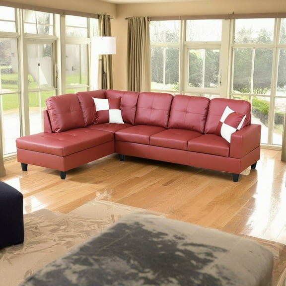 Hommoo 4 Seat Living Room Furniture Sets, Faux Leather Sectional Sofa, Modern L-Shaped Couches and Sofas Set for Home, Red(No Ottomans)