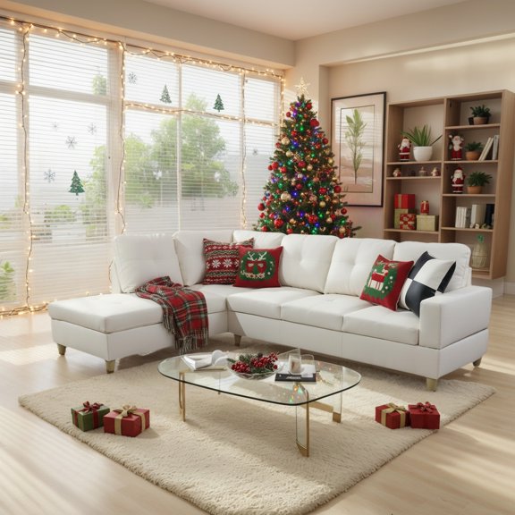 Hommoo 4 Seat Living Room Furniture Sets, Faux Leather Sectional Sofa, Modern L-Shaped Couches and Sofas Set for Home, White(No Ottomans)