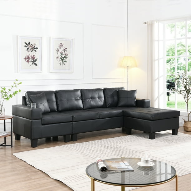 Hommoo 4 Seat PU Leather Sectional Sofa Set Modern L Shape Sofa Couch with Cup Holder and Reversible Chaise Convertible Sectional Couch for Living