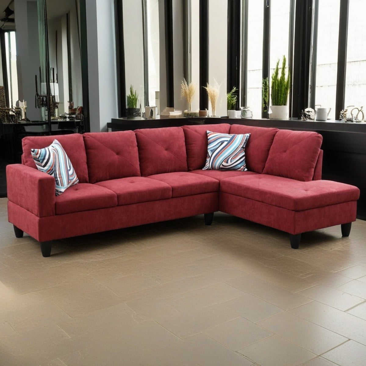 Hommoo 4 Seat Sectional Sofa Living Room Furniture Sets, Modern Flannelette L Shaped Couches and Sofas Model for Home, Red(No Ottomans)