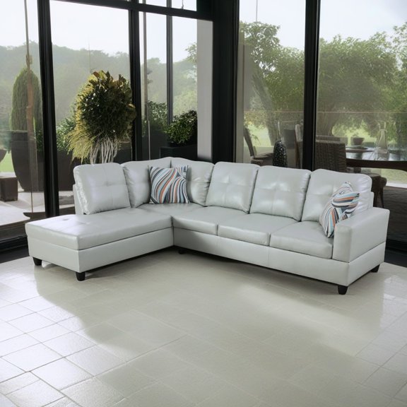 Hommoo 4-Seat Semi Semi PU Synthetic Leather Sectional Sofa Sets, L Shaped Sectional Couches and Sofas, Modern Living Room Furniture Sets, 17.5'' Back Height, Silver Green(No Ottoman)