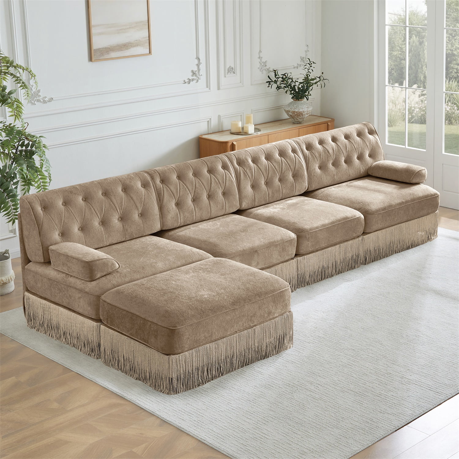 Hommoo 4-Seater Chesterfield Style Velvet Fabric L-Shaped Sectional Sofa, Tufted Button Upholstered Design and Floor-grazing Tassel, Free Combination Sofa Couch Set, for Home, Camel