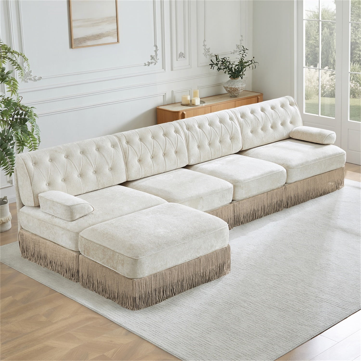 Hommoo 4-Seater Chesterfield Style Velvet Fabric L-Shaped Sectional Sofa, Tufted Button Upholstered Design and Floor-grazing Tassel, Free Combination Sofa Couch Set, for Home, Beige
