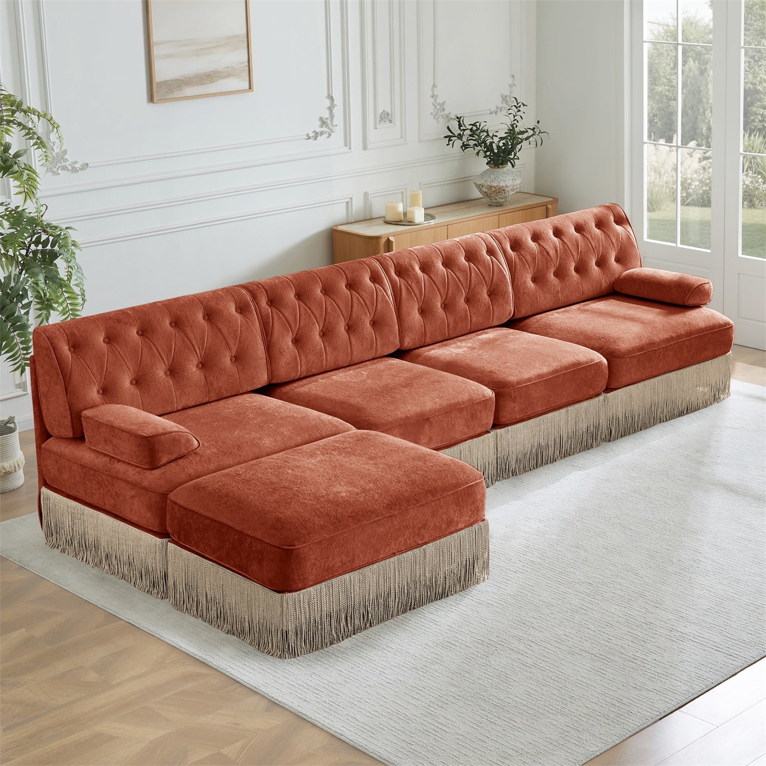 Hommoo 4-Seater Chesterfield Style Velvet Fabric L-Shaped Sectional Sofa, Tufted Button Upholstered Design and Floor-grazing Tassel, Free Combination Sofa Couch Set, for Home, Red Brown
