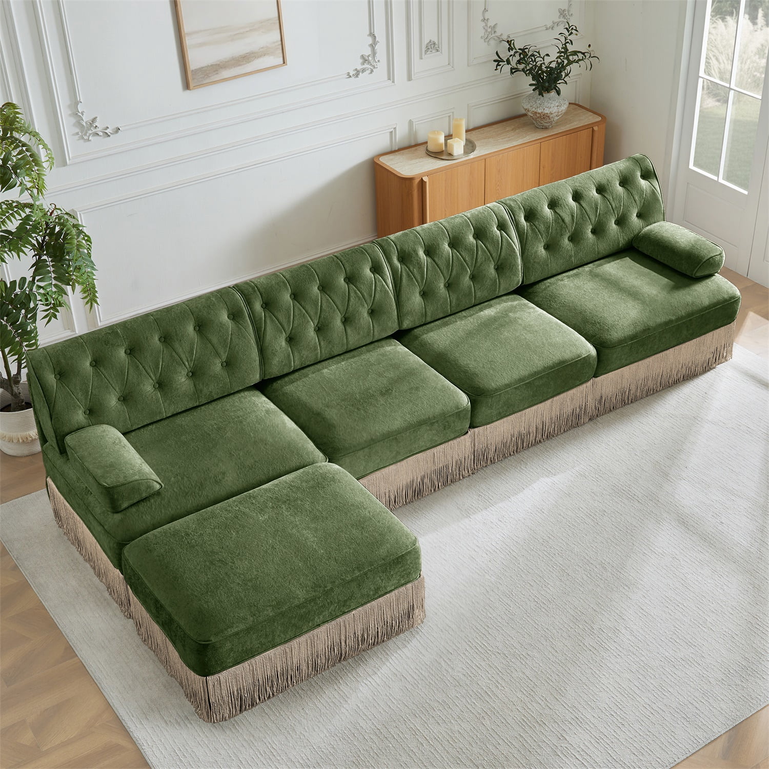 Hommoo 4-Seater Chesterfield Style Velvet Fabric L-Shaped Sectional Sofa, Tufted Button Upholstered Design and Floor-grazing Tassel, Free Combination Sofa Couch Set, for Home, Green