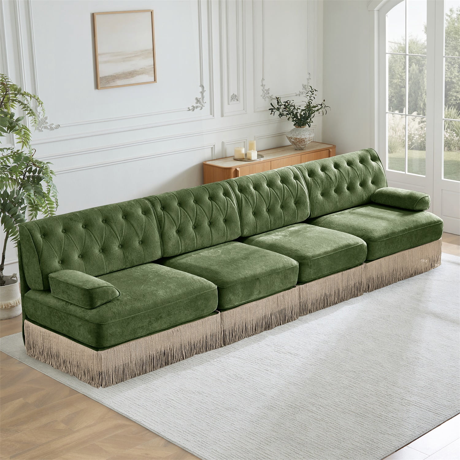 Hommoo 4-Seater Chesterfield Style Velvet Fabric Sofa Couch set, Tufted Button Upholstered Design and Floor-grazing Tassel, Free Combination Sectional Sofa, for Home, Green