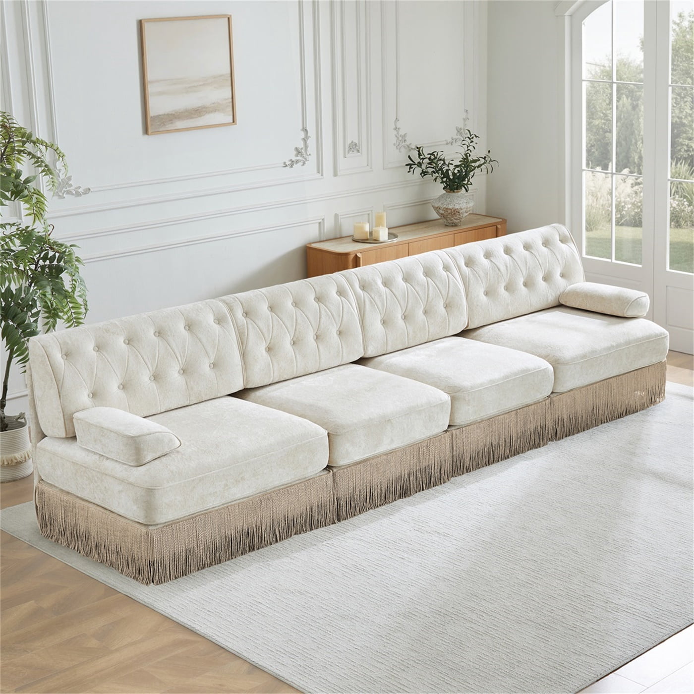 Hommoo 4-Seater Chesterfield Style Velvet Fabric Sofa Couch set, Tufted Button Upholstered Design and Floor-grazing Tassel, Free Combination Sectional Sofa, for Home, Beige