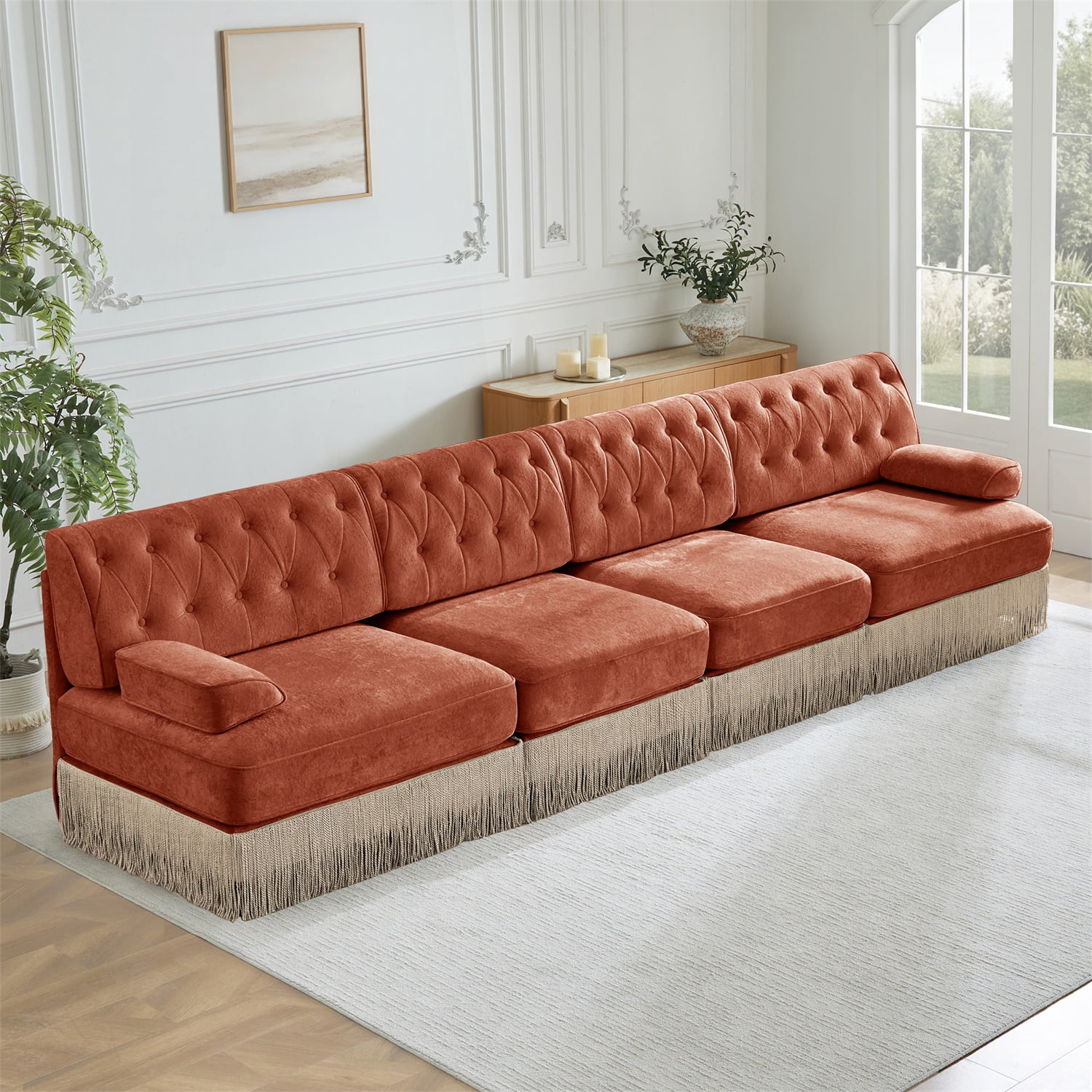 Hommoo 4-Seater Chesterfield Style Velvet Fabric Sofa Couch set, Tufted Button Upholstered Design and Floor-grazing Tassel, Free Combination Sectional Sofa, for Home, Red Brown