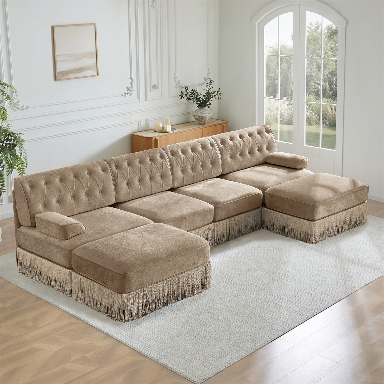 Hommoo 4-Seater Chesterfield Style Velvet Fabric U-Shaped Sectional Sofa with 2 Ottomans, Tufted Button Upholstered Design and Floor-grazing Tassel, Free Combination Sofa Couch Set, for Home, Camel