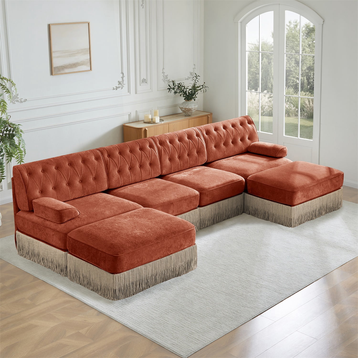 Hommoo 4-Seater Chesterfield Style Velvet Fabric U-Shaped Sectional Sofa with 2 Ottomans, Upholstered Design and Floor-grazing Tassel, Free Combination Sofa Couch Set, for Home, Red Brown