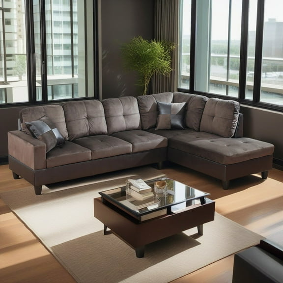 Hommoo 4 Seats Flannel and PVC Sectional Sofa Couch Set, Modern L Shaped Sectional Couch, Living Room Furniture Set, Dark Brown