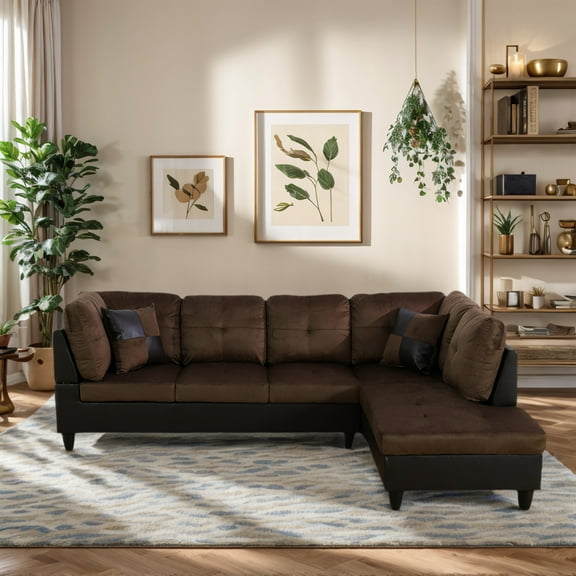 Hommoo 4 Seats Lint and PVC Sectional Sofa Couch Set, Modern L Shaped Sectional Couch, Living Room Furniture Set, Brown
