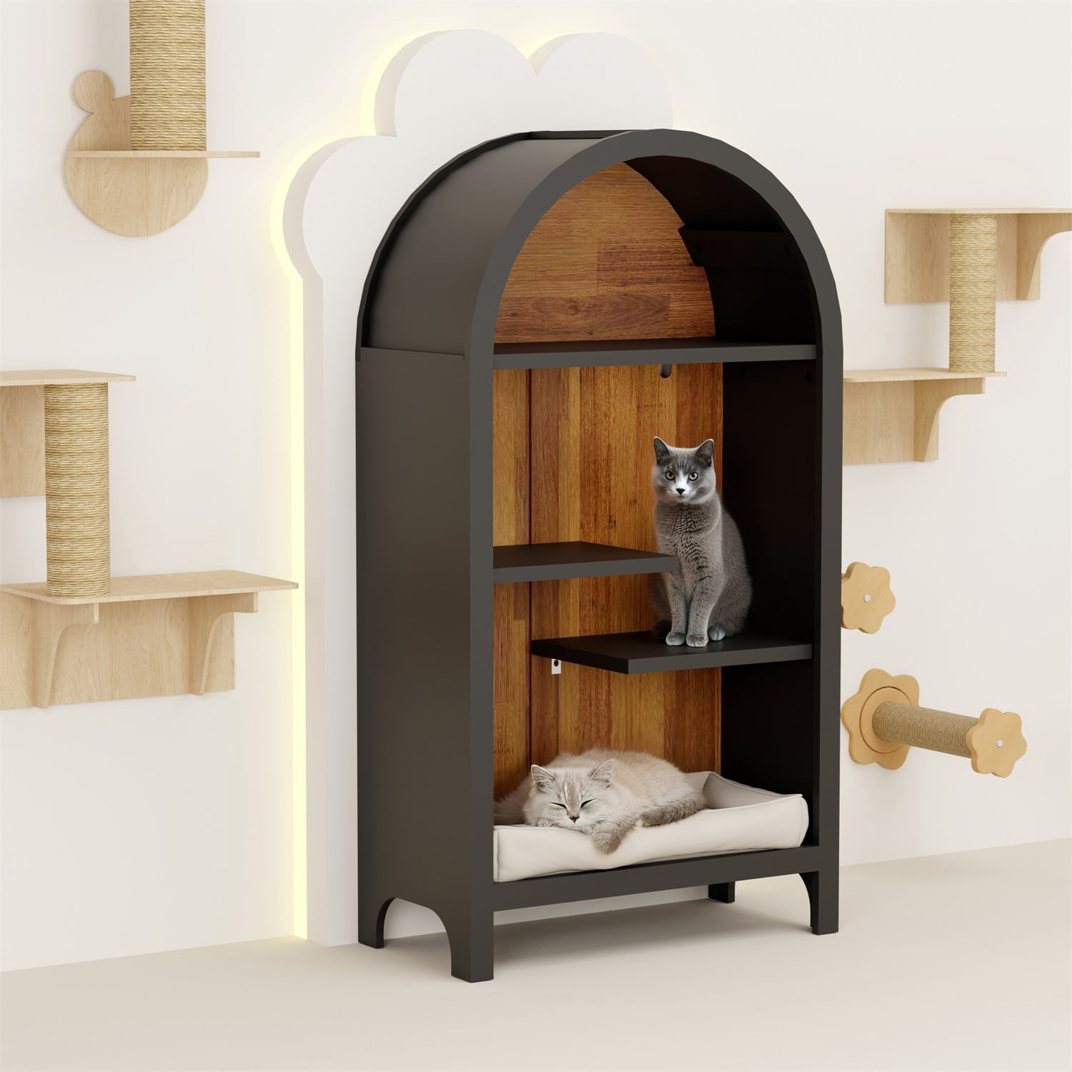 Hommoo 4-Tier Arched Bookshelf, Asymmetrical Open Storage Shelf, Wooden Freestanding Display Shelf for Entryway, Living Room, Bedroom, Hallway, Brown
