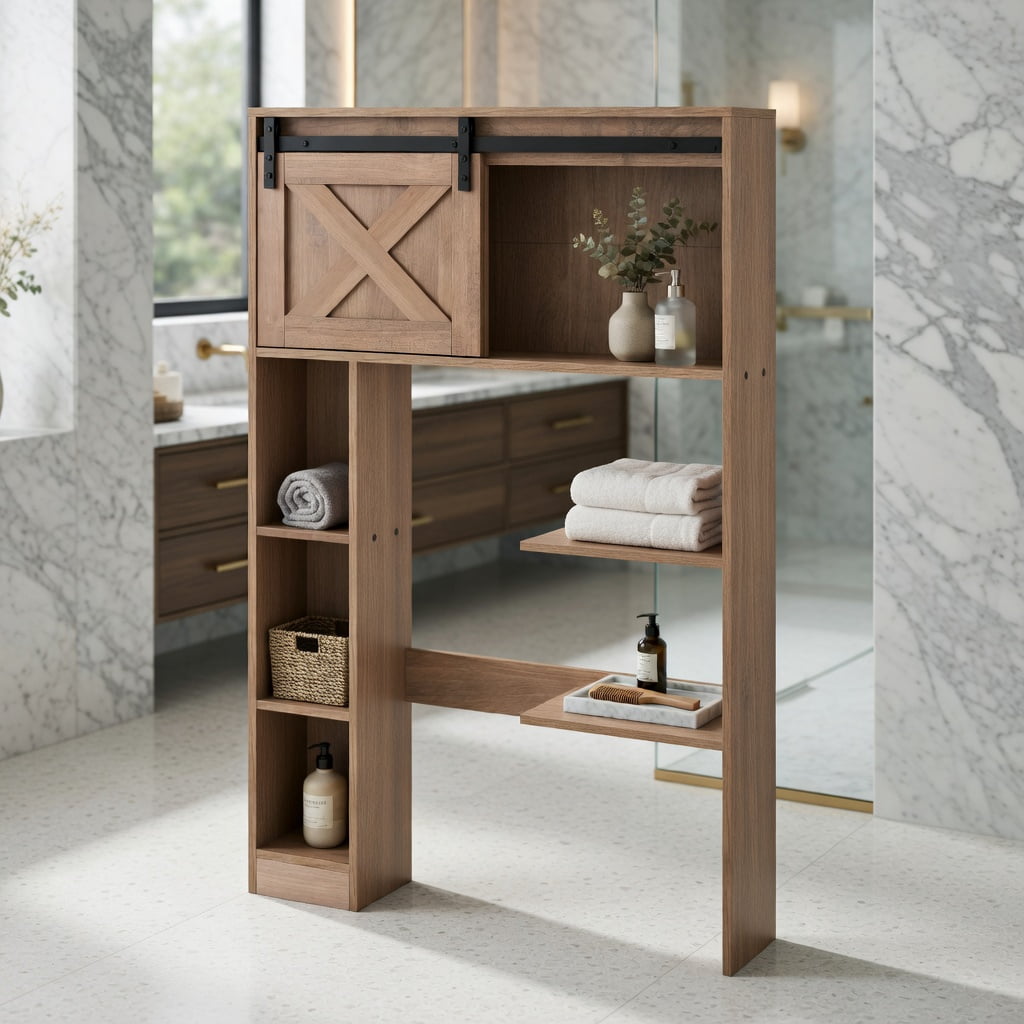 Hommoo 4-Tier Over-the-Toilet Storage Cabinet with Sliding Barn Door, Engineered Wood Bathroom Organizer for Toilets, Laundry Rooms, Rustic Brown
