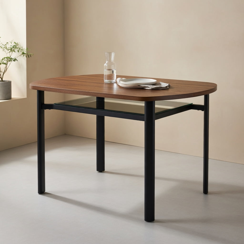 Hommoo 42 Inch Round Dining Table, Modern Minimalist Brown Wood Grain Top with Teal-Tinted Glass Inlay, Black Metal Base & Lower Glass Shelf for 4-6 People, Walnut & Black