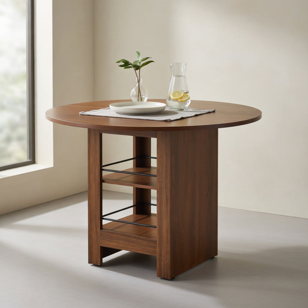 Hommoo 42" Round MDF Dining Table with Dual-Tier Storage Shelves, 30" Height, Non-Slip Pads, Modern Farmhouse Style for Kitchens & Small Apartments, Walnut