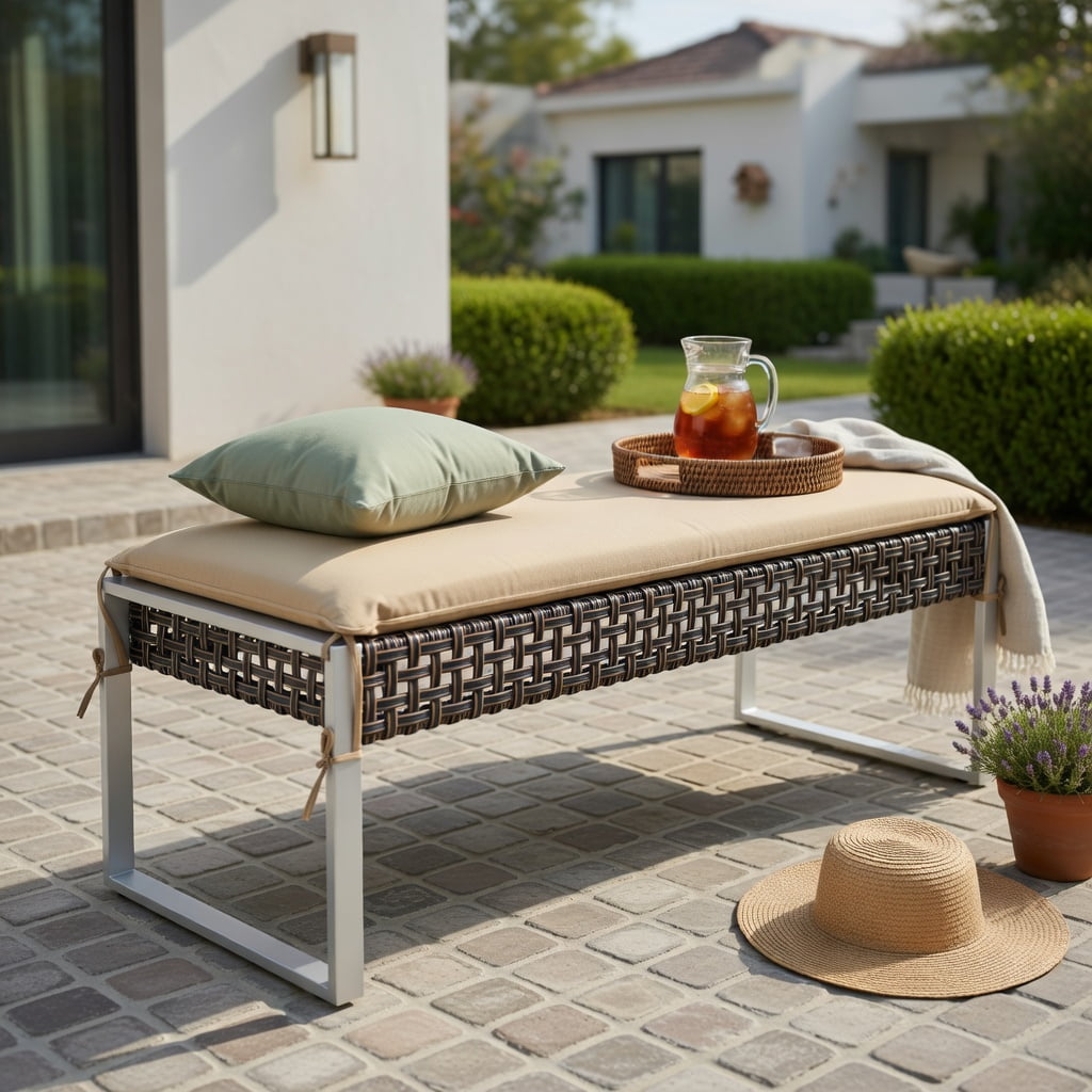 Hommoo 43" Patio Ottoman Set of 2, Woven PE Rattan Outdoor Footrest with Metal Frame, Removable Cushions, Heavy-Duty X-Frame Design for Backyard, Poolside & Porch, Natural