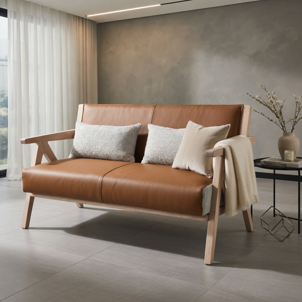 Hommoo 43" W Compact Loveseat Sofa, Chenille & Faux Leather, Rubber Wood Frame, Pocket Spring Cushion, 500 lb Capacity, Brown