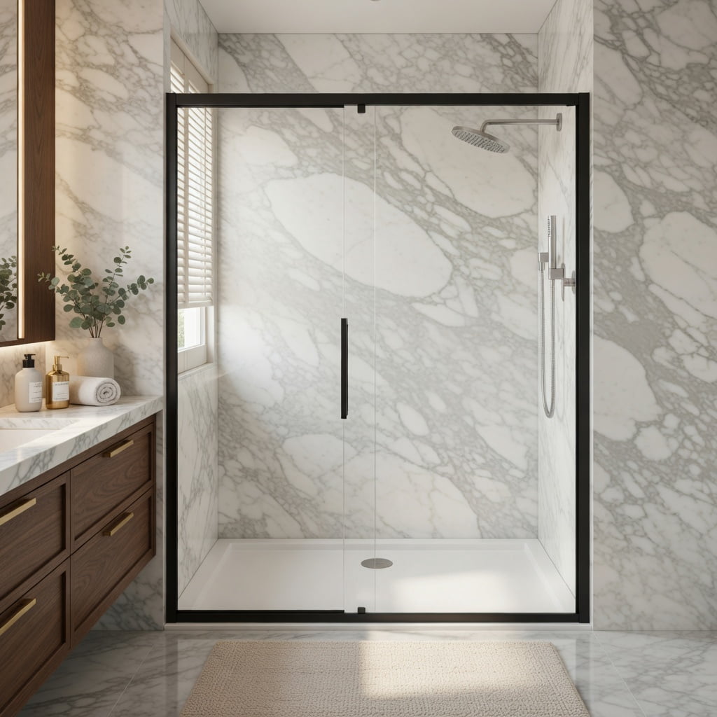 Hommoo 44-48" W x 72" H Pivot Shower Door, 1/4" Thick SGCC-Certified Tempered Glass, Stainless Steel Handle & Aluminum Frame, Reversible Left/Right Installation, Black & Transparent
