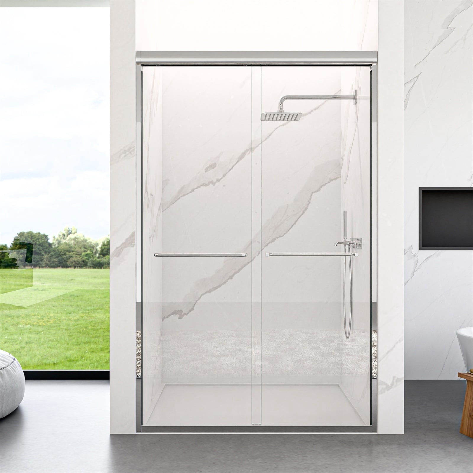 Hommoo 44"-48"W x 72"H Semi-Frameless Double Sliding Shower Door, Bypass Shower Door, 1/4" Thick SGCC Tempered Glass Door, Chrome