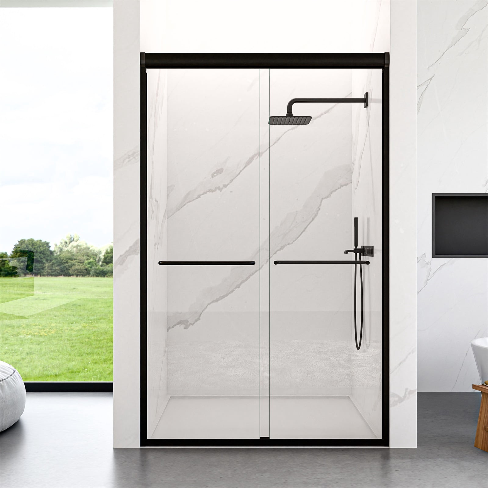 Hommoo 44"-48"W x 72"H Semi-Frameless Double Sliding Shower Door, Bypass Shower Door, 1/4" Thick SGCC Tempered Glass Door, Matte Black