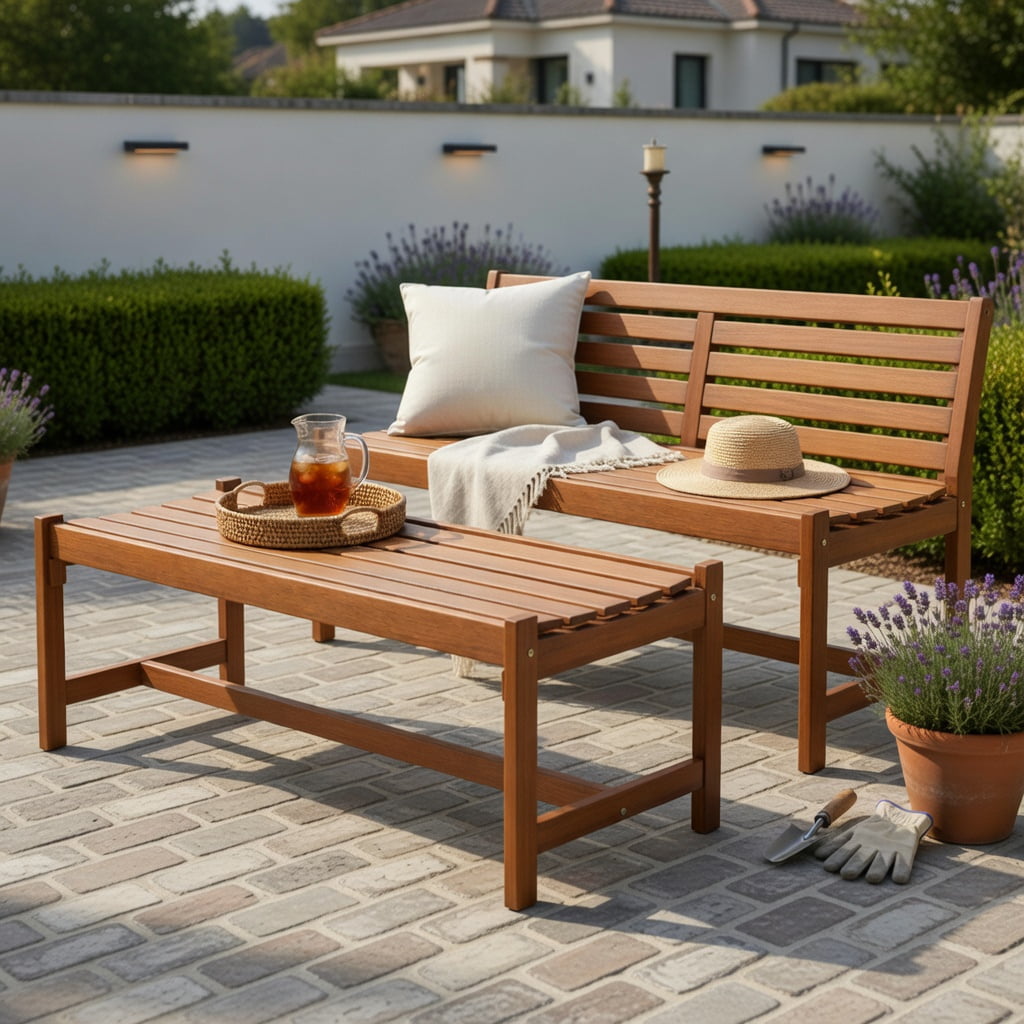 Hommoo 44" Outdoor Hardwood Patio Bench Set of 2, Teak Oil Finished Solid Teak-Look Dining Benches for Garden, Deck & Entryway, Ergonomic Slatted Design, Natural
