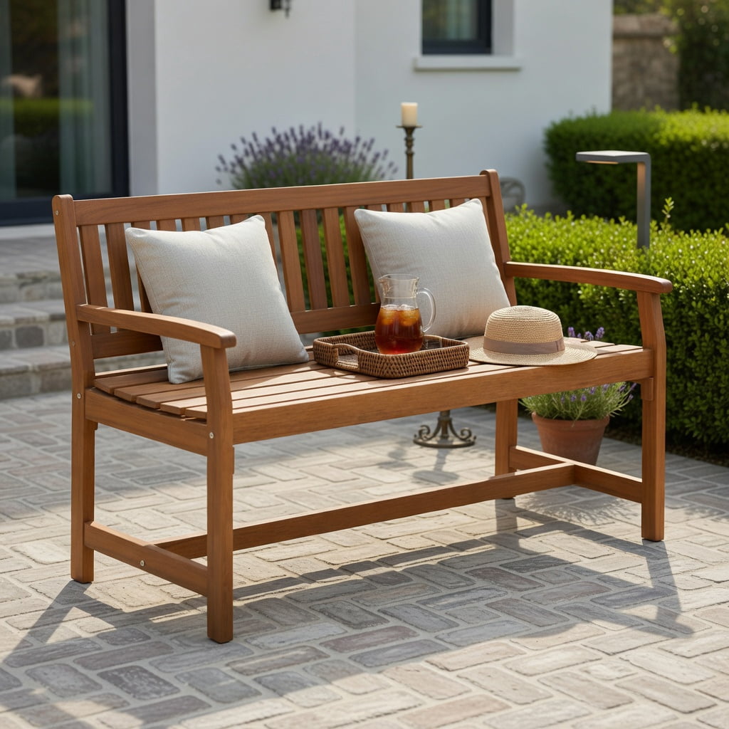 Hommoo 44" Outdoor Solid Hardwood Patio Bench, Teak Oil Finish, Ergonomic Slatted Seat, Easy Assembly, Natural