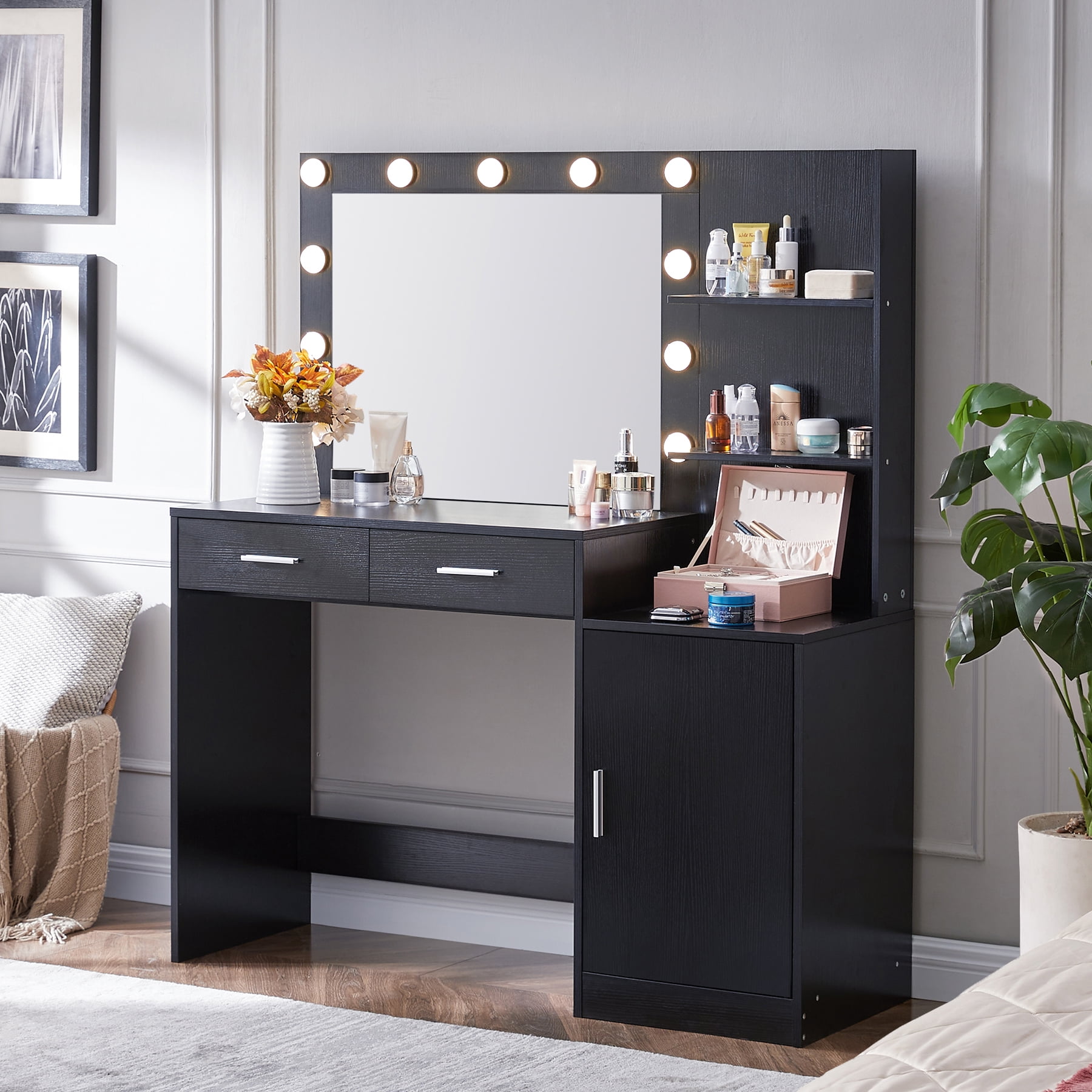 Hommoo 46.4" Vanity Desk with Mirror, 3 Colors Lights, 2 Drawers & Open Storage, Makeup Vanity Dressing Table for Bedroom, Black