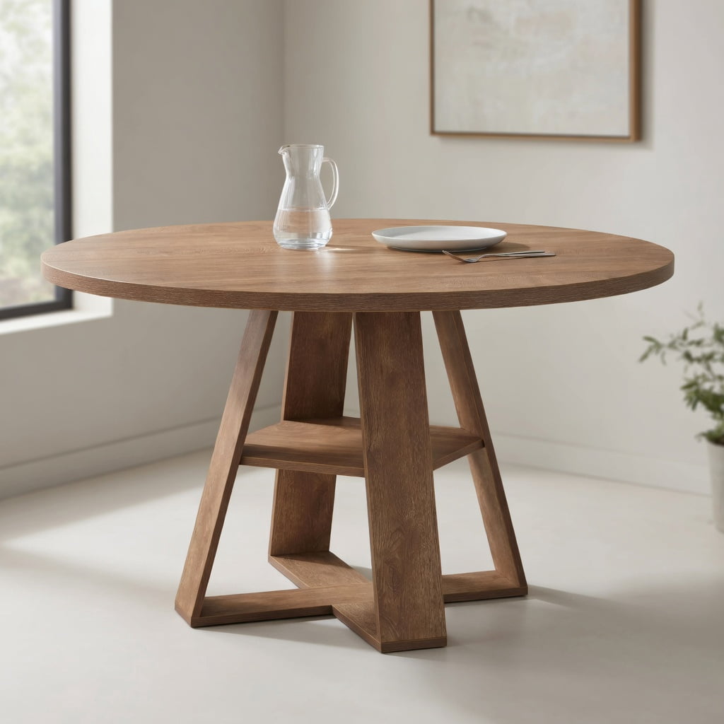 Hommoo 47.24 Inch Round Farmhouse Dining Table for 4-6 People, Kitchen Table with X-Cross Base & Built-in Storage Shelf, Walnut