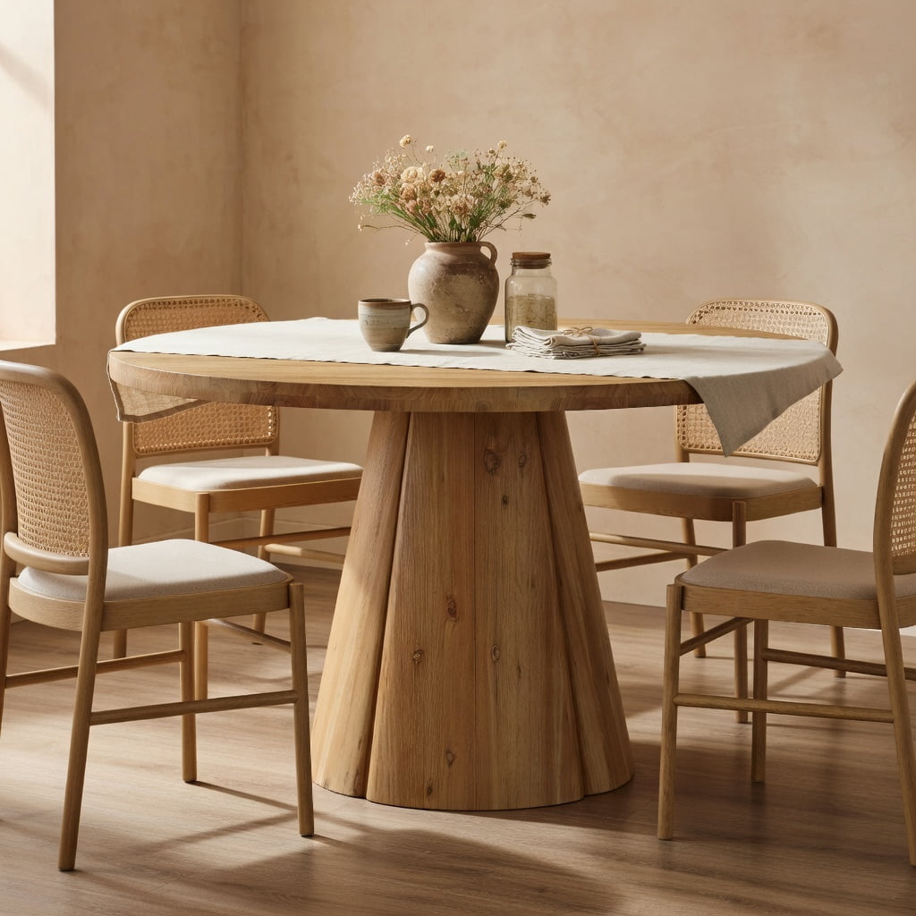 Hommoo 47.24" Solid Wood Round Dining Table, Farmhouse Pedestal Kitchen Table for 4 to 6 People, Natural