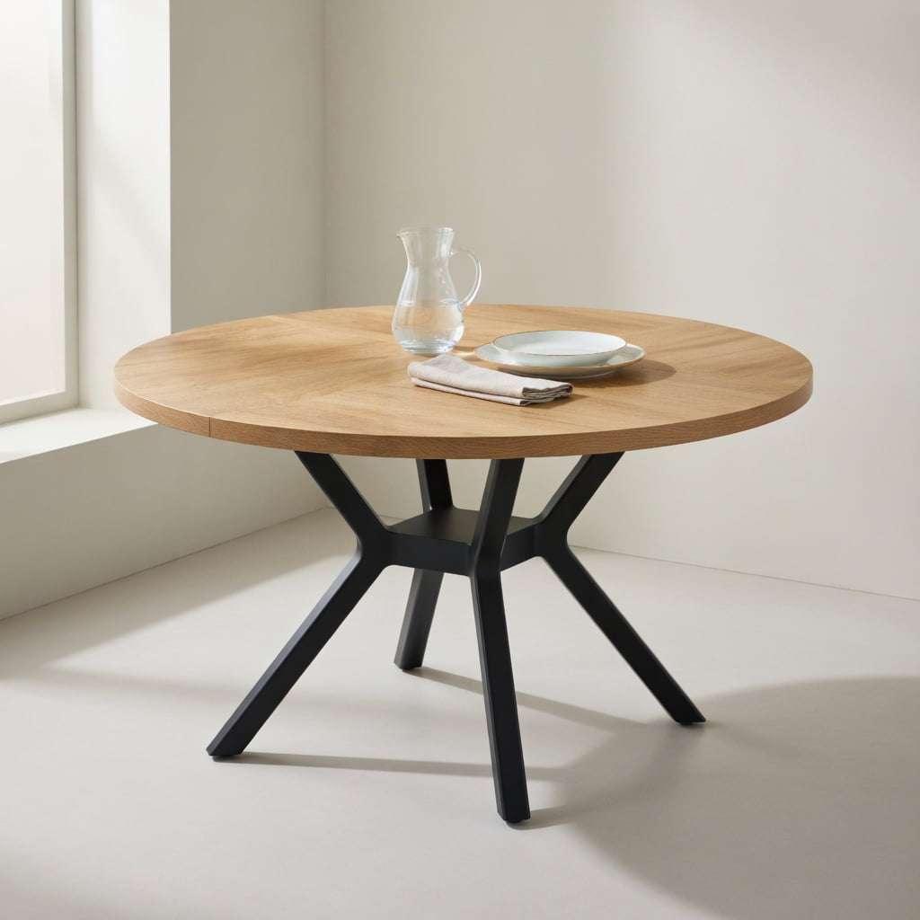 Hommoo 47.3-inch Round Dining Table for 4-6 People, Light Wood Grain MDF Top & Hourglass Metal Base, Modern Industrial Style Kitchen or Dining Room Table, Natural & Black