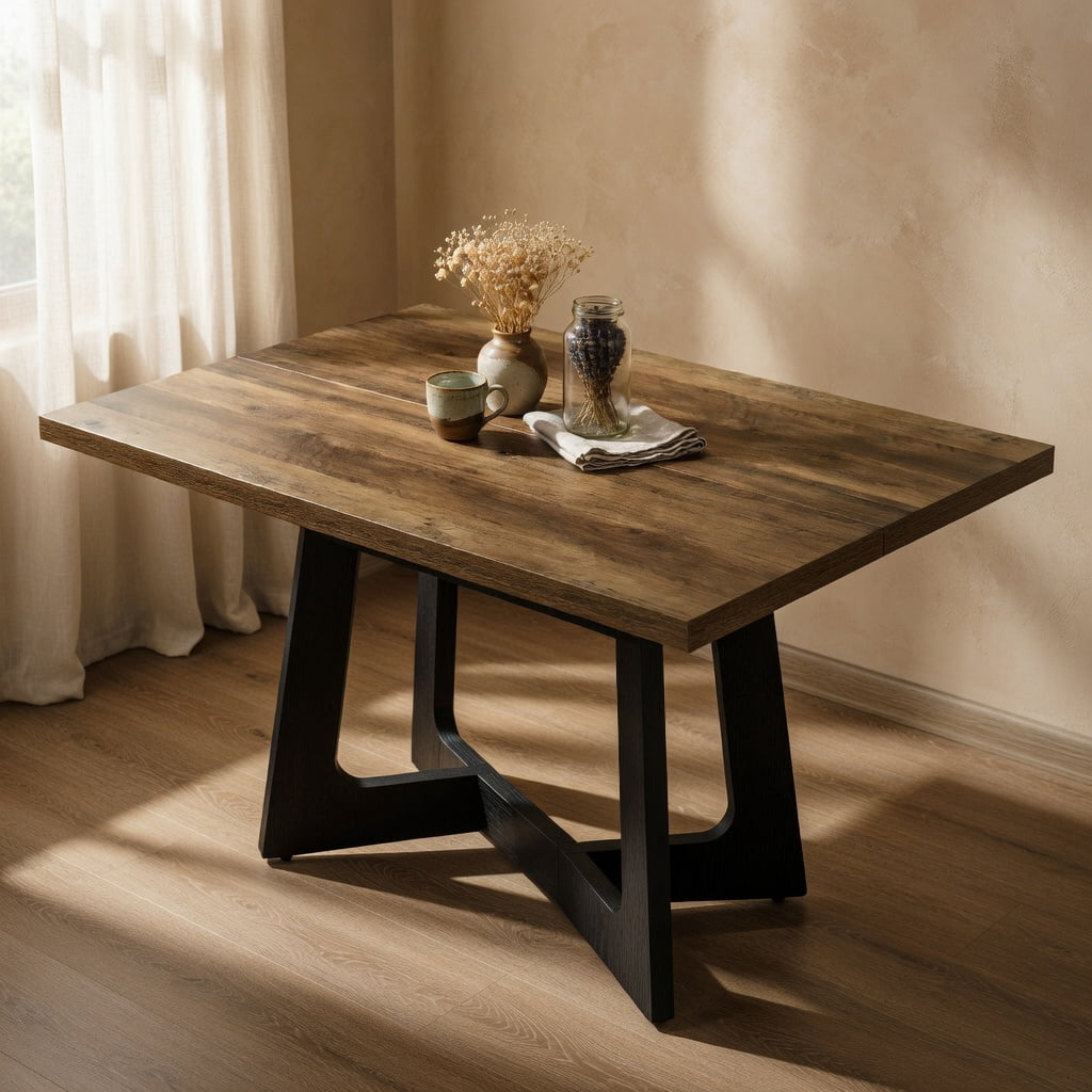 Hommoo 47 Inch Farmhouse Dining Table for Small Spaces, Sturdy Pedestal Kitchen Table for 2 to 4 People, Wood Grain & Black Metal Industrial Design, Brown