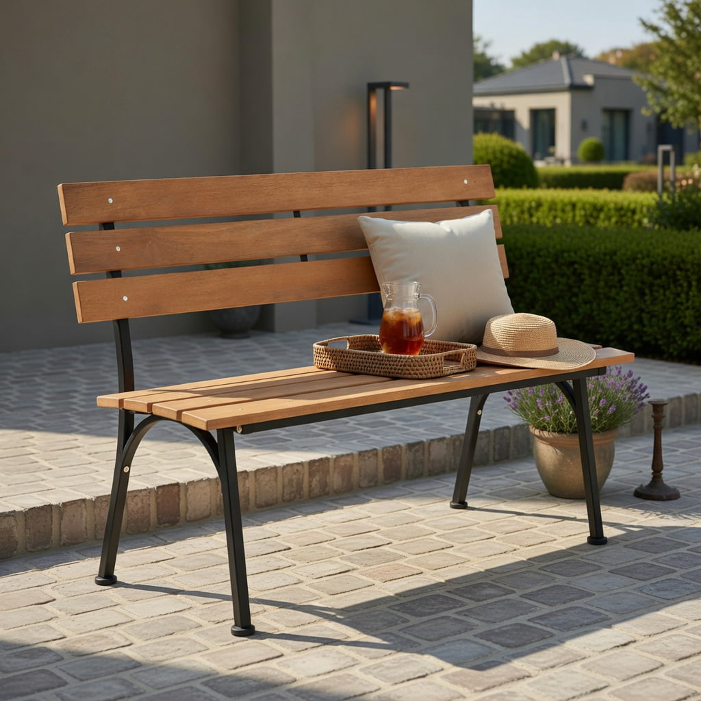 Hommoo 47" Outdoor Acacia Wood Bench with Black Metal Frame, Slatted Patio Bench for Backyard, Garden & Porch, Natural