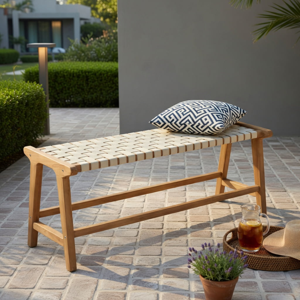 Hommoo 47" Teak Wood Patio Bench with Woven PP Seat, Sturdy Outdoor Bench for Patio, Porch, Poolside & Entryway, Natural