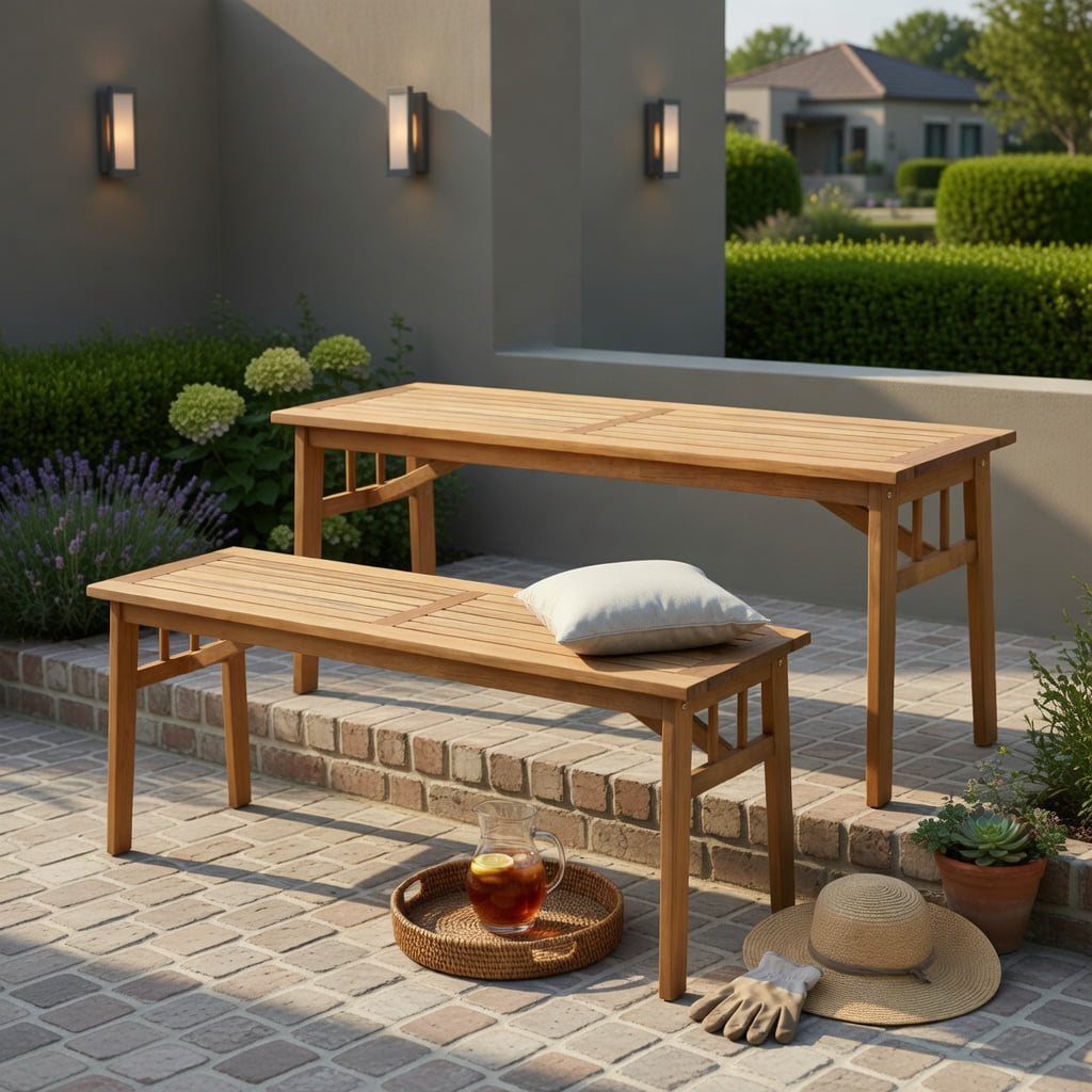 Hommoo 48" Acacia Wood Bench, Dining & Garden Bench with Breathable Slat Seat, Triangular Support Frame, Natural