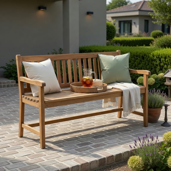 Hommoo 48" Acacia Wood Bench, Wooden Bench with Breathable Slat Seat, Triangular Support Frame, for Dining Room, Patio, Entryway & Garden, Natural