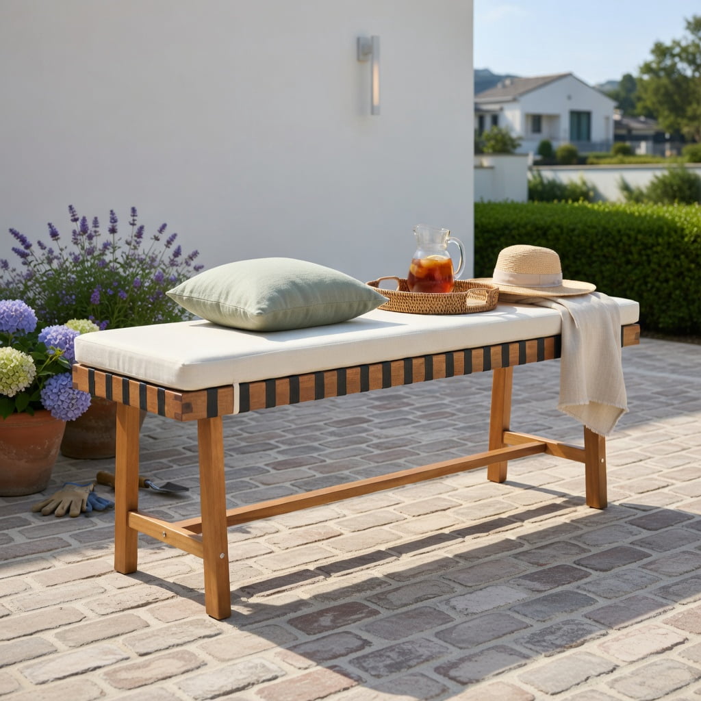 Hommoo 48" Acacia Wood Outdoor Bench with Removable Thick Cushion, Wood & Off-White Fabric, Woven Rope Seat, Heavy-Duty H-Frame, Natural