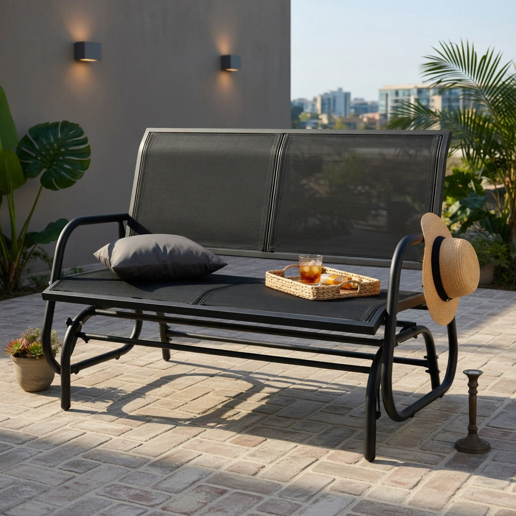 Hommoo 48" Outdoor Glider Loveseat Rocker Chair, Heavy Duty Steel Frame, Breathable Fabric Seat, Dual-Adult Capacity for Patio, Backyard & Porch, Black