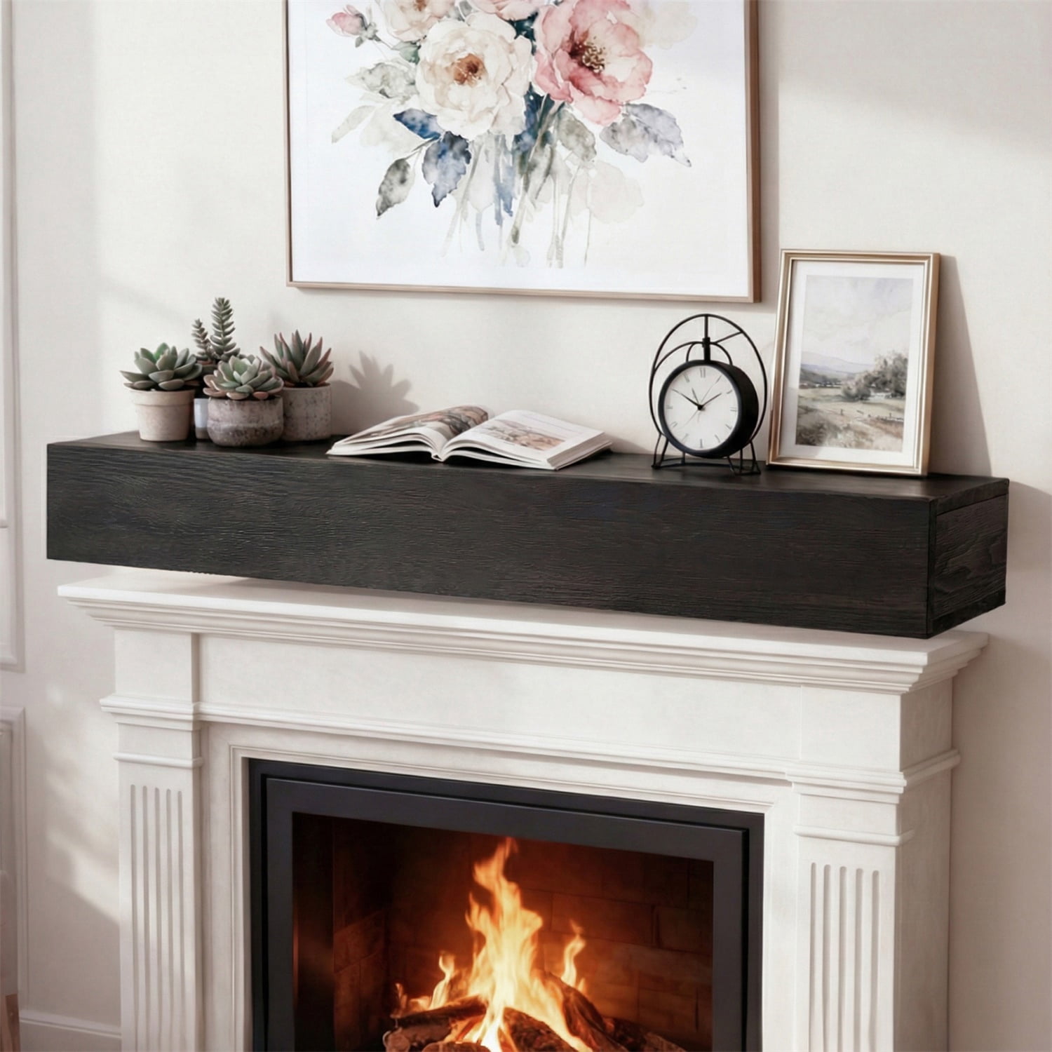 Hommoo 48" Rustic Wood Fireplace Mantel Wall-Mounted & Floating Shelf for Home Decor, Black