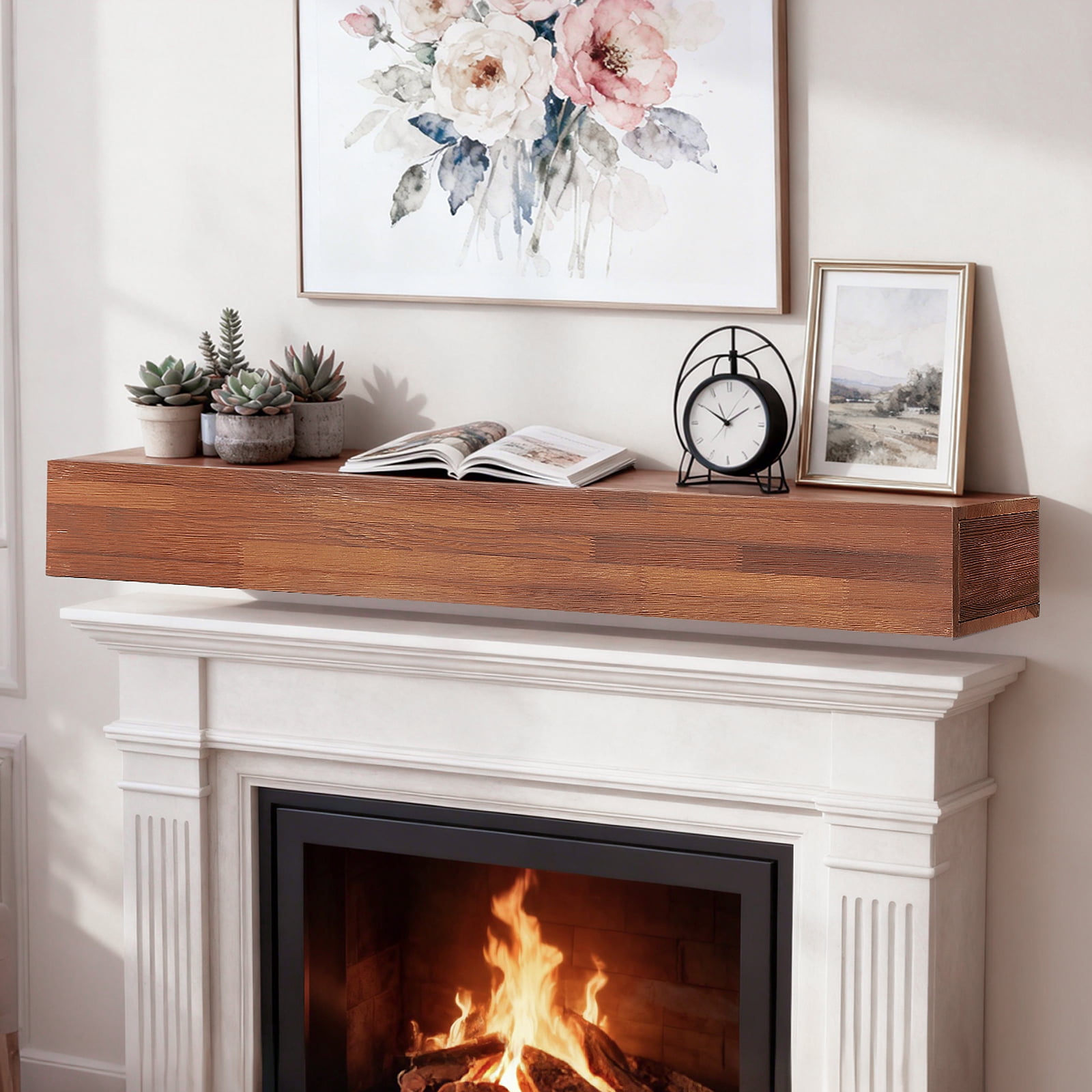 Hommoo 48" Rustic Wood Fireplace Mantel Wall-Mounted & Floating Shelf for Home Decor, Brown