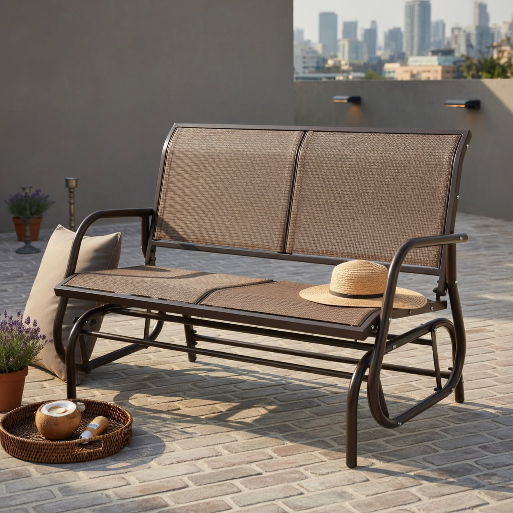 Hommoo 48" Steel Frame Outdoor Glider Loveseat Rocker Chair, Rust-Resistant, Breathable Fabric, Patio Swing Bench for Backyard, Porch & Garden, Brown
