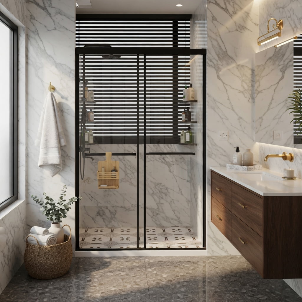 Hommoo 48"W x 72"H Frameless Dual Sliding Shower Door, Soft-Close Buffer Track, Leak-Proof Extended Metal Threshold, Black & Transparent