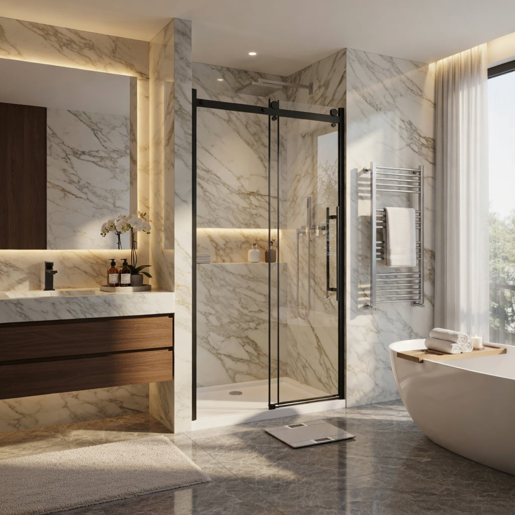 Hommoo 48" W x 72" H Frameless Single Sliding Shower Door, 1/4" Tempered Clear Glass, Aluminum Rail & Stainless Steel Handle, Adjustable Width (46.8–48"), Reversible Installation, Black & Transparent