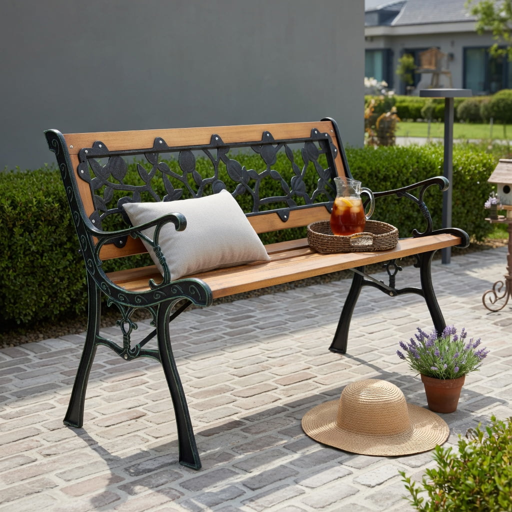 Hommoo 49.5" Cast Iron & Solid Wood Outdoor Garden Bench, Patio, Porch, or Yard Seating, Black + Natural