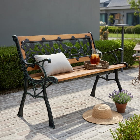 Hommoo 49.5" Cast Iron & Solid Wood Outdoor Garden Bench, Patio, Porch, or Yard Seating, Black + Natural