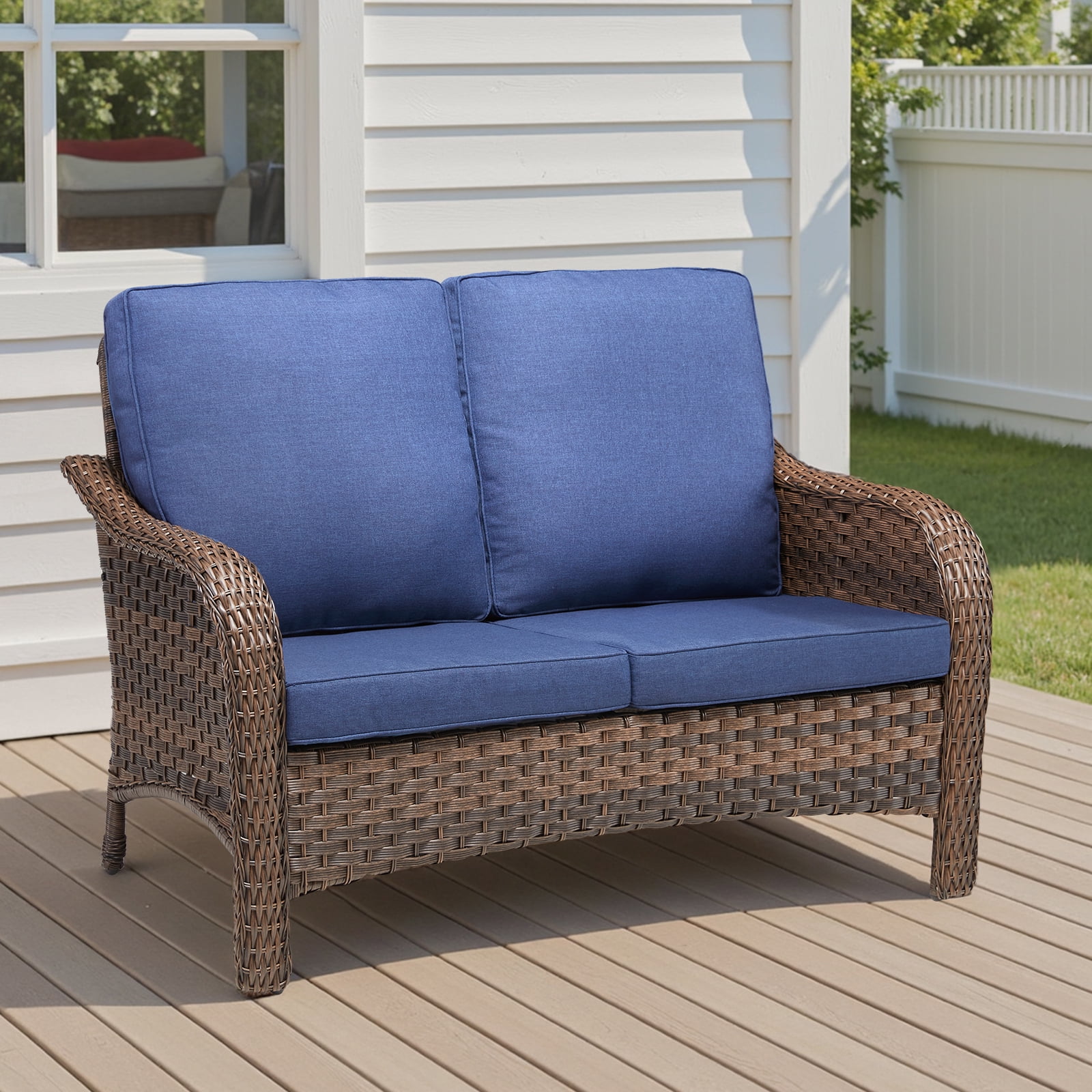 Hommoo 49.6" PE Wicker Rattan Outdoor Patio Furniture Sofa Couch, 2 Seat Patio Loveseat Cushions, Blue